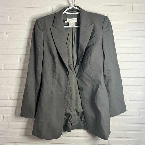 Escada Vintage Gray Button Down Long Wool Pocketed Blazer, Women’s Size 4 - Picture 1 of 10